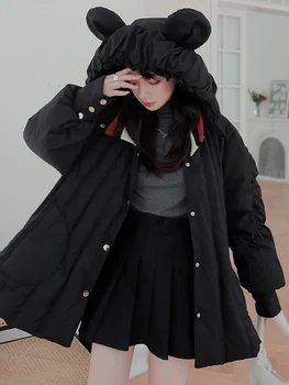 2022 Kış Siyah Pamuk kapitone ceket Parkas Kadınlar için Zarif Gevşek Kore Tarzı Kapşonlu Kalınlaşmak Sıcak Pelerin Ceket Kadın 8605