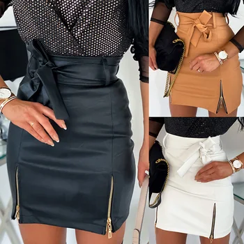 Seksi Kadınlar Siyah PU Deri Kalem Bodycon Etek Clubwear Çift Fermuarlı Yüksek Bel Mini Kısa Etek Kemer Siyah Beyaz Haki Etek