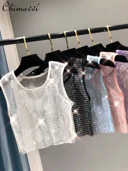 2022 Yaz Yeni kadın moda Kristal I Şeklinde Yelek bayanlar zarif basit Renkli Kristaller Kısa Bling Parlak Diafram Kıyafet Üst