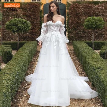 Boho düğün elbisesi Prenses Puf Kollu Tül Sevgiliye Kapalı Omuz A-Line Dantel Aplikler gelin kıyafeti 2022