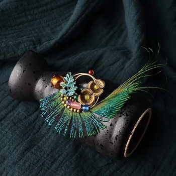 Etnik Broş Kadınlar Takı için Tavuskuşu Tüyü Yaka Pin Antik Ağaç Bin Rattan Korsaj Şapka Aksesuarları Sırt Çantaları için