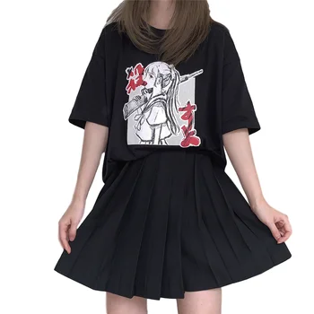 Harajuku Kawaii kadın T-shirt Kızlar Yaz Kore Siyah Streetwear Gotik Büyük Boy T Shirt Kadın Anime Grafik Tee Sevimli Üst