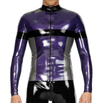 Mor Gümüş Siyah Düzeltir Seksi Lateks Gömlek Fermuar Ön Uzun Kollu Kauçuk Üstleri Giysi Artı Boyutu YF-0227