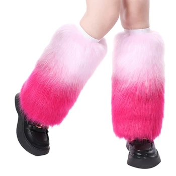 Retro Bicolor Faux kürk tüylü bacak ısıtıcıları sıcak kız Y2k kış çizmeler çorap kürklü çorap kadın Punk Jk Hiphop sıcak çorap
