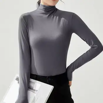 Sonbahar Dip Kadın Bluz Yarım Yüksek Yaka Sıkı Üst Gömlek Uzun Kollu Ince Modal Fanila Giyim